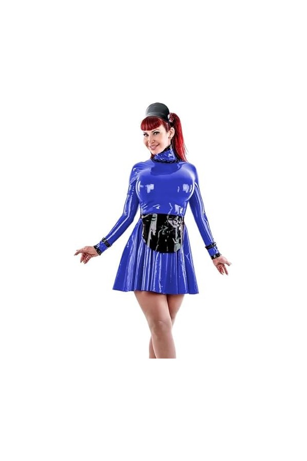 JQYTEN Sexy Sissy Shiny PVC French Maid Dress Ruffled Long Sleeve Glossy Leather Lolita Dress with Apron Cosplay Maid Uniform