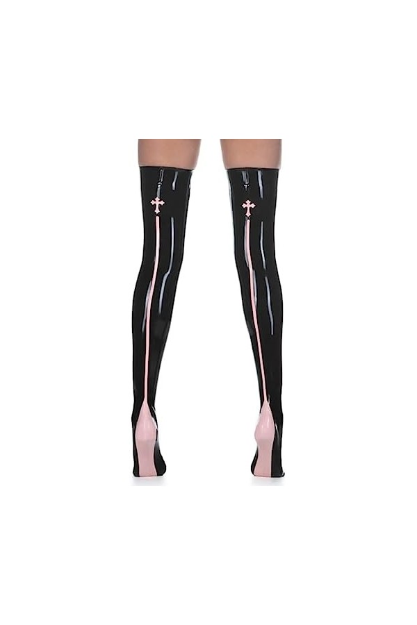 Bas Longs Sexy En Latex Avec Croix Et Rayures À Larrière,Noir + Rose,Moyen