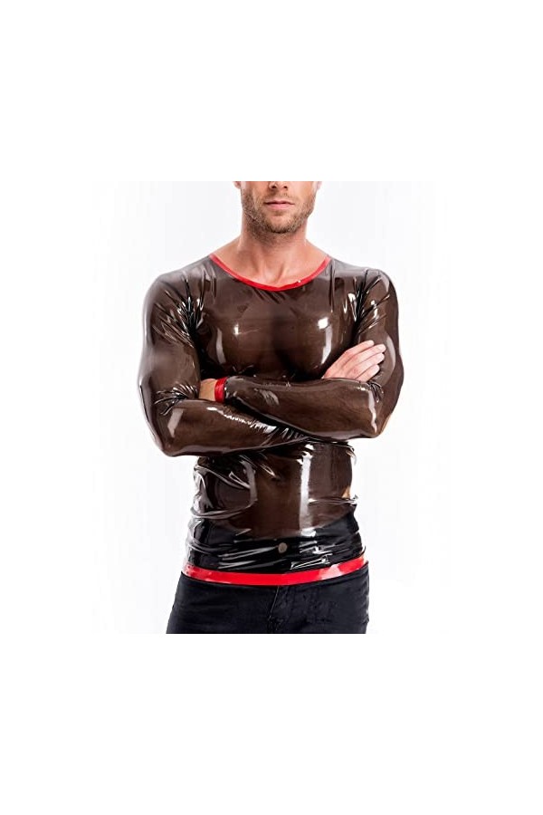 T-shirt noir transparent en latex avec garnitures rouges en latex à manches longues adapté aux besoins du client