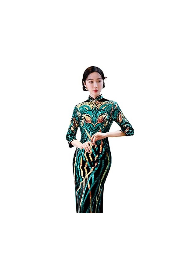 Bervoco Robe Cheongsam fine en velours à paillettes pour femme, 8852-3, Taille 3XL