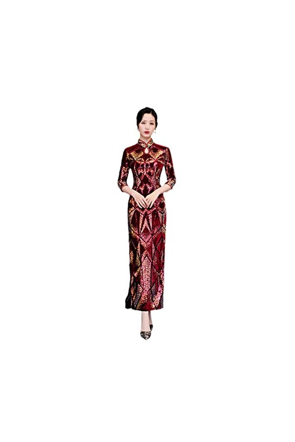 Bervoco Robe Cheongsam fine en velours à paillettes pour femme, 8852-3, Taille 3XL