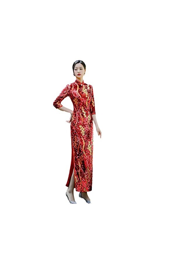 Bervoco Robe Cheongsam fine en velours à paillettes pour femme, 8852-3, Taille 3XL