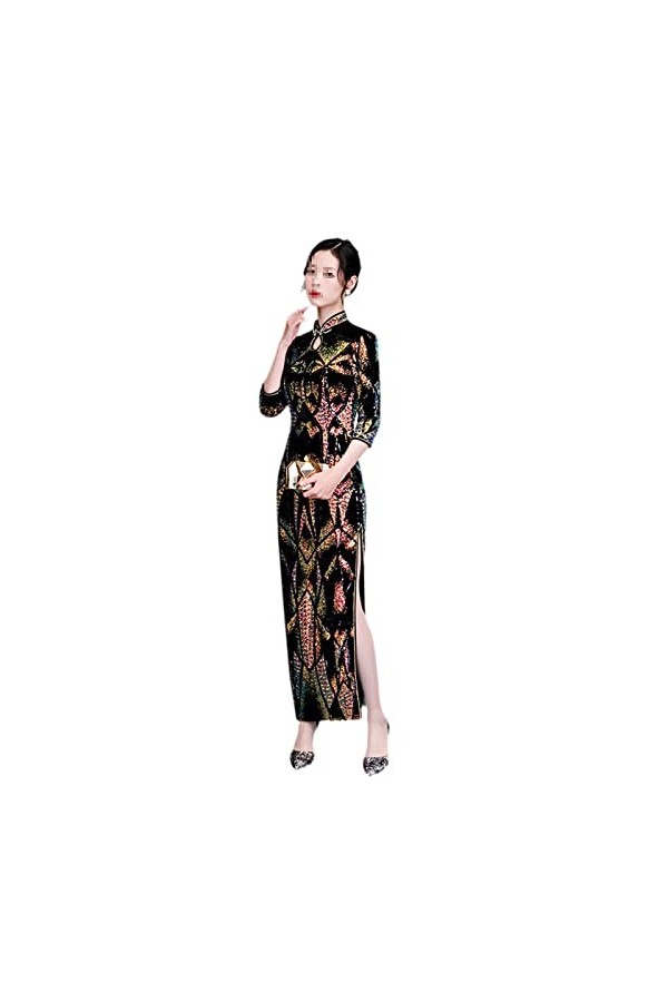 Bervoco Robe Cheongsam fine en velours à paillettes pour femme, 8852-3, Taille 3XL