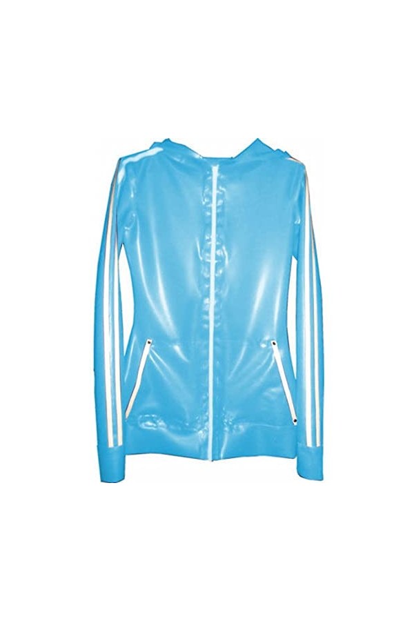 Caoutchouc Top Latex Unisexe Rayures Bleu Clair Et Blanc avec Fermeture À Glissière Manteau À Capuche Taille XXS-XXL, L