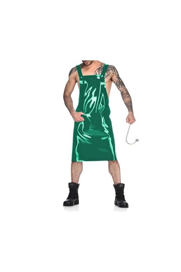 JQYTEN Men Novelty Backless Dress PVC Stage Performance Costume Sexy Waiter Cosplay Uniform Back Criss Cross Strap Dress