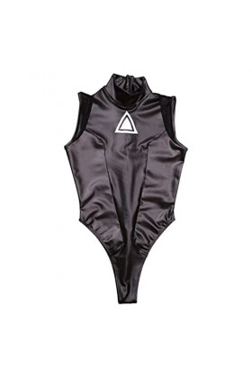 Femmes Huile Latex Ammoniaque Maigre Body Débardeur sans Manches Col Roulé Maille épissage Sexy Lingerie Costume,Noir,3XL