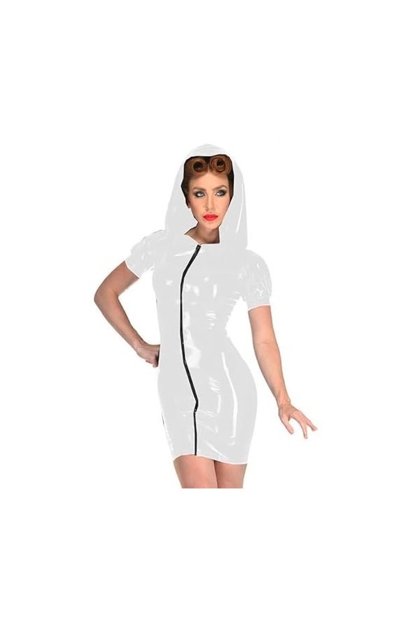 JVHGE Mini Robe à Capuche en PVC Sexy Fermeture éclair Avant Robe Moulante Femmes sorcière Cosplay Costume nouveauté Manches 