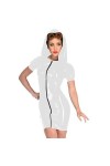 JVHGE Mini Robe à Capuche en PVC Sexy Fermeture éclair Avant Robe Moulante Femmes sorcière Cosplay Costume nouveauté Manches 