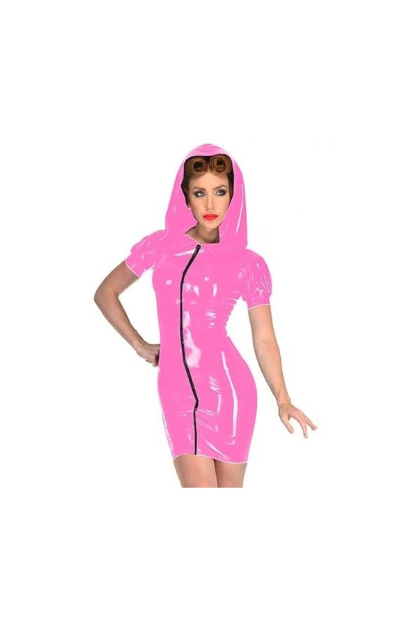 JVHGE Mini Robe à Capuche en PVC Sexy Fermeture éclair Avant Robe Moulante Femmes sorcière Cosplay Costume nouveauté Manches 