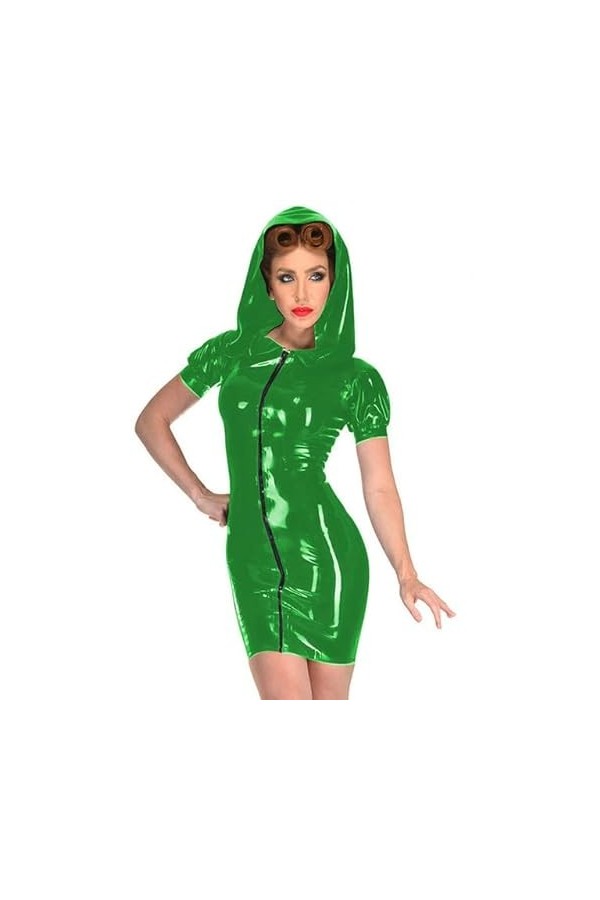 JVHGE Mini Robe à Capuche en PVC Sexy Fermeture éclair Avant Robe Moulante Femmes sorcière Cosplay Costume nouveauté Manches 