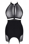 Robe porte-jarretelles noire pour femme - Lingerie transparente avec dos ouvert et bas en dentelle inclus, Noir , S