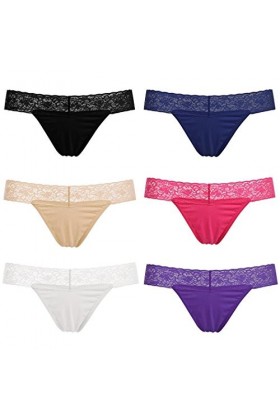 Ekouaer Dentelle Thongs Femme 6er Pack Sexy G-String,2 x Bleu 2 x Noir 2 x Beige, XXL