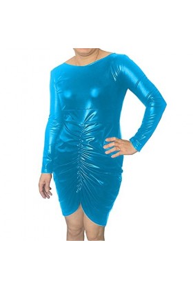 UUKR PLUS Taille S-7XL Robe moulante pour femmes froncées Faux Cuir Zipper Fermeture à glissière à manches longues Mini robe 