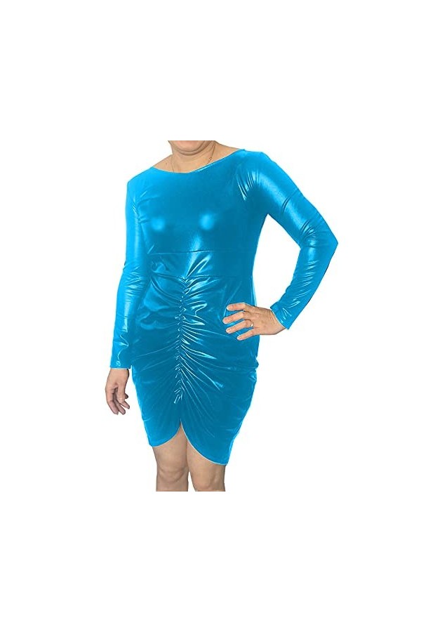 UUKR PLUS Taille S-7XL Robe moulante pour femmes froncées Faux Cuir Zipper Fermeture à glissière à manches longues Mini robe 