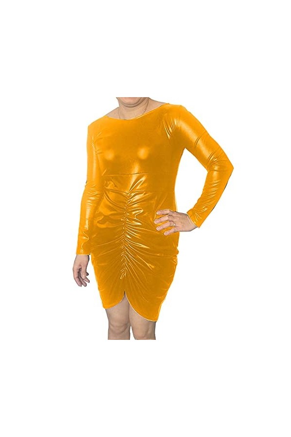 UUKR PLUS Taille S-7XL Robe moulante pour femmes froncées Faux Cuir Zipper Fermeture à glissière à manches longues Mini robe 