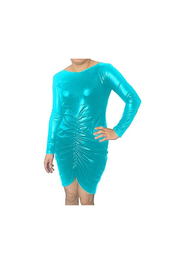 UUKR PLUS Taille S-7XL Robe moulante pour femmes froncées Faux Cuir Zipper Fermeture à glissière à manches longues Mini robe 