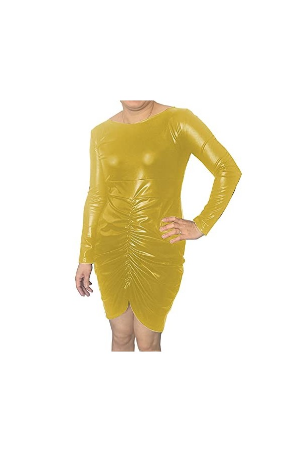 UUKR PLUS Taille S-7XL Robe moulante pour femmes froncées Faux Cuir Zipper Fermeture à glissière à manches longues Mini robe 