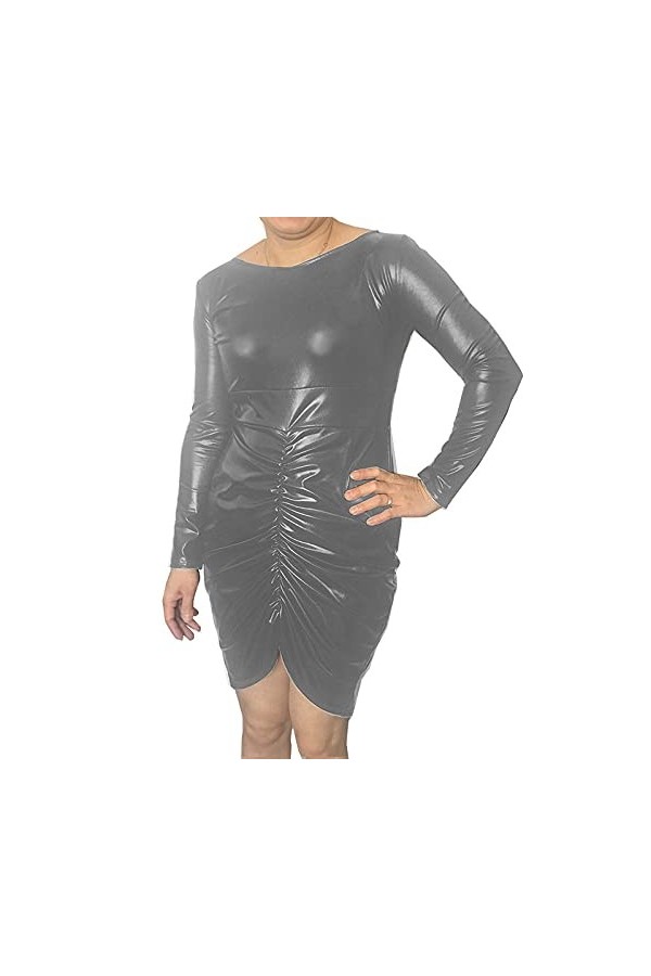 UUKR PLUS Taille S-7XL Robe moulante pour femmes froncées Faux Cuir Zipper Fermeture à glissière à manches longues Mini robe 