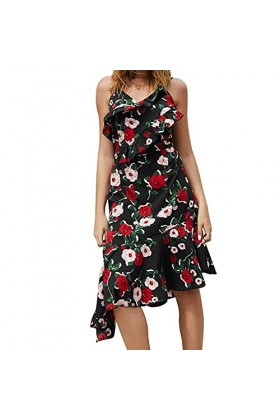 CHYSP Robes à col en V à la Mode V-Col V imprimé Halter Sling Robes irrégulières Casual Sexy Jupes de Vacances Confortables 