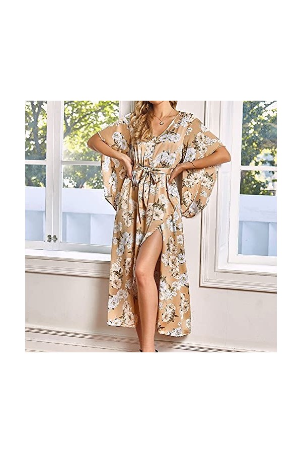 CHYSP Robe dété Commuter V-Col V imprimé Taille Haute Robe Slim Casual Sexy Loose Confortable Streetwear Color : Yellow, Si