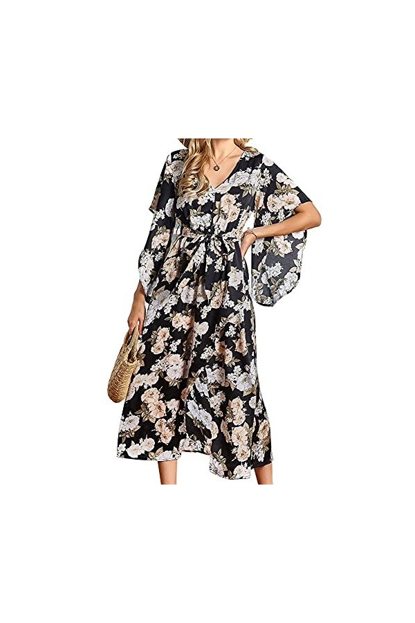 CHYSP Robe dété Commuter V-Col V imprimé Taille Haute Robe Slim Casual Sexy Loose Confortable Streetwear Color : Yellow, Si