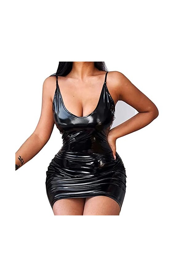 SePkus Robe Sexy en Cuir Verni Miroir Noir pour Femme - Robe Portefeuille à Hanches - pour Bar, discothèque, scène Noir XL 
