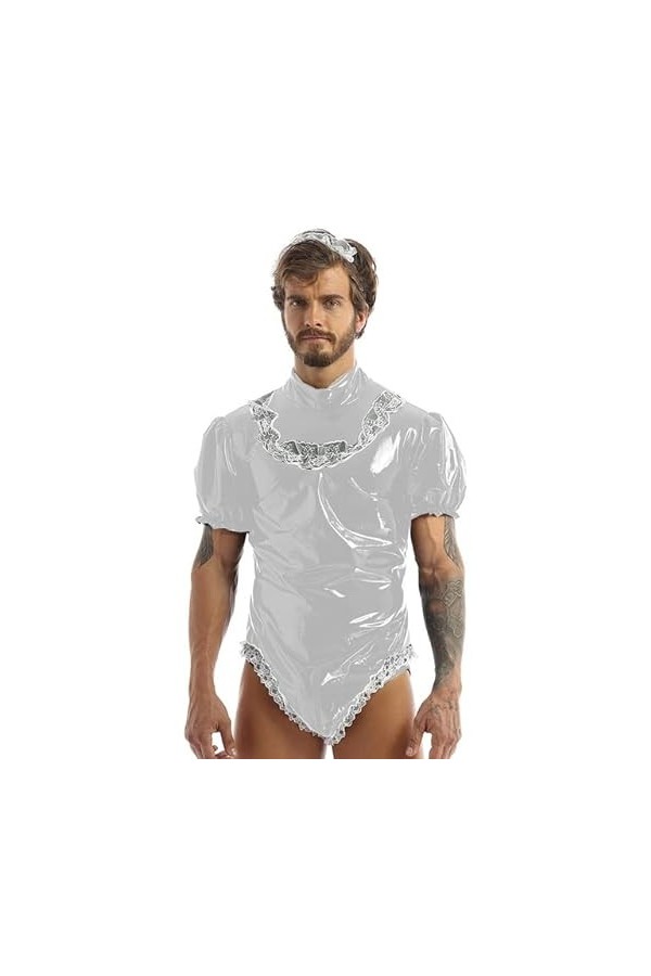 JQYTEN Sexy hommes femme de chambre Cosplay Costume de fête Wetlook dentelle Clubwear Latex manches bouffantes coupe haute ju