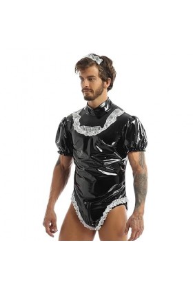 JQYTEN Sexy hommes femme de chambre Cosplay Costume de fête Wetlook dentelle Clubwear Latex manches bouffantes coupe haute ju