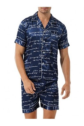 Sudemota Pyjama Ensembles Pyjama en Satin Soyeux for Homme avec t-Shirt boutonné et Short Loungewear Color : Navy Blue Lette