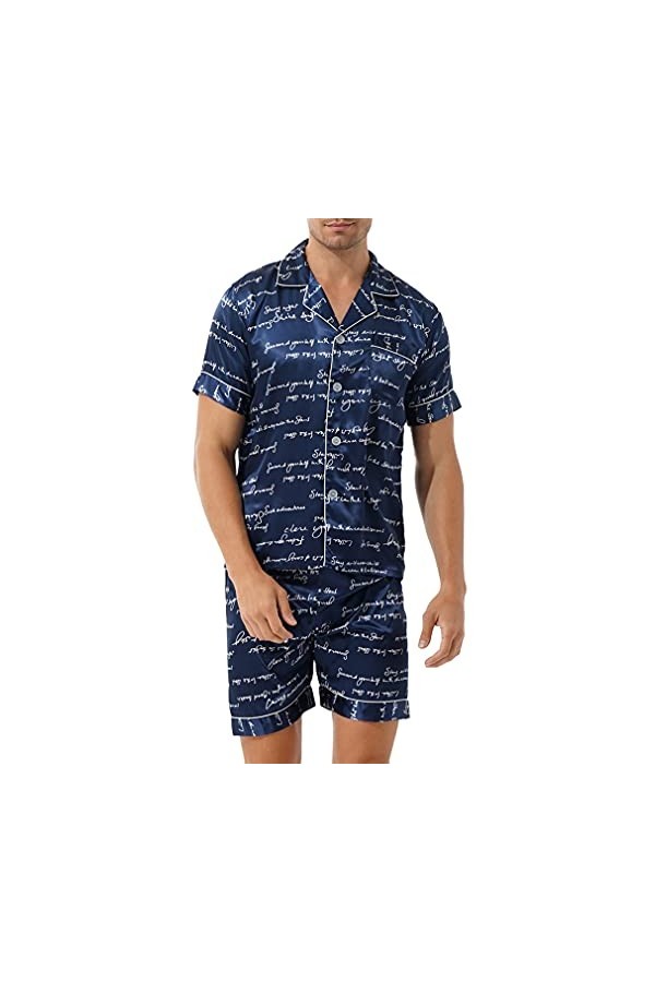 Sudemota Pyjama Ensembles Pyjama en Satin Soyeux for Homme avec t-Shirt boutonné et Short Loungewear Color : Navy Blue Lette