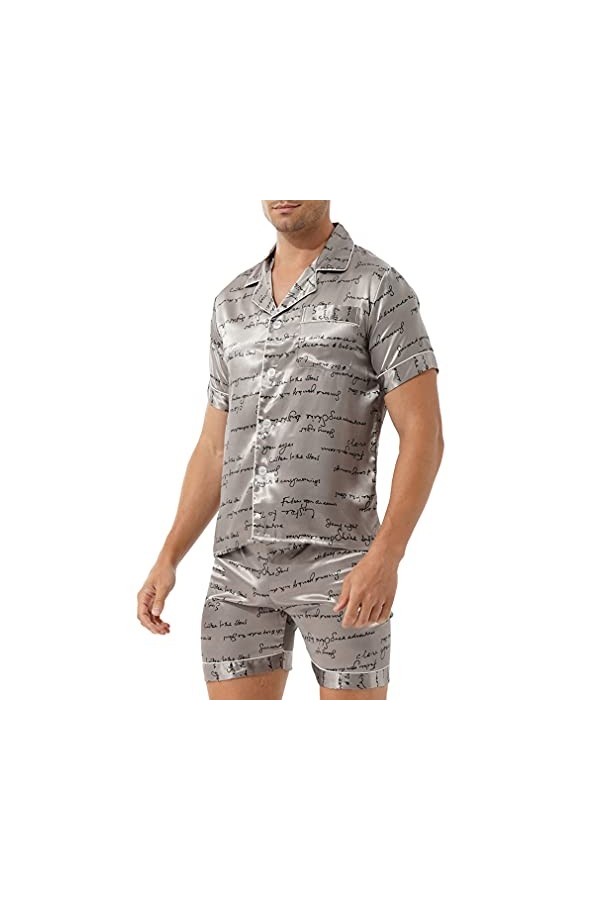 Sudemota Pyjama Ensembles Pyjama en Satin Soyeux for Homme avec t-Shirt boutonné et Short Loungewear Color : Navy Blue Lette