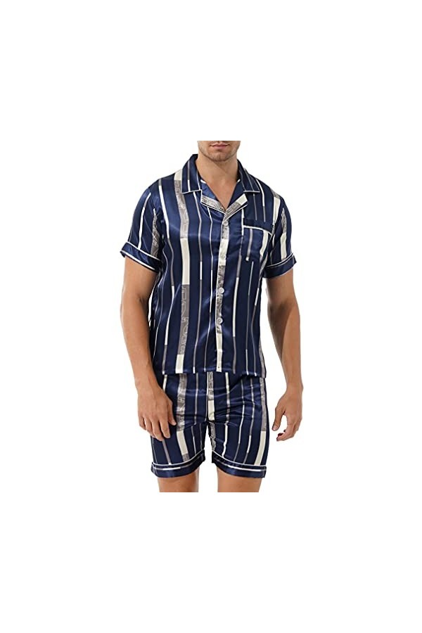 Sudemota Pyjama Ensembles Pyjama en Satin Soyeux for Homme avec t-Shirt boutonné et Short Loungewear Color : Navy Blue Lette