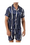 Sudemota Pyjama Ensembles Pyjama en Satin Soyeux for Homme avec t-Shirt boutonné et Short Loungewear Color : Navy Blue Lette