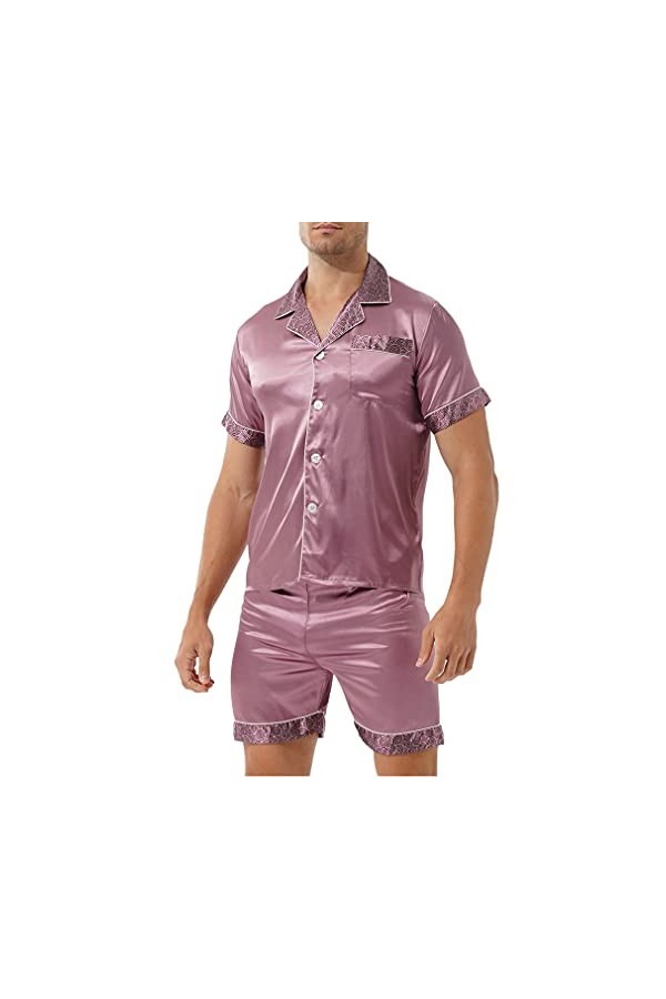 Sudemota Pyjama Ensembles Pyjama en Satin Soyeux for Homme avec t-Shirt boutonné et Short Loungewear Color : Navy Blue Lette