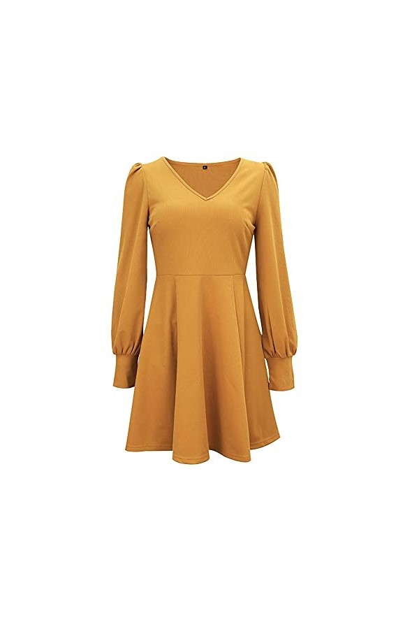 CHYSP Été Robes pour Femmes V-Col Colure Solide Robe à la Taille à Manches Longues décontractée Jupe de Vacances Dames vêteme