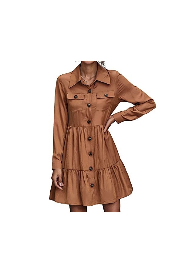 CHYSP Robes à la Mode Double Poche Chemise à Revers de Poche Robe Occasionnelle Sexy Loose Confortable Skirts Streetwear Col