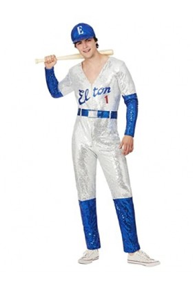 Smiffys Costume de baseball à paillettes sous licence officielle Elton John Deluxe - Argenté et bleu - Taille S - 86,4-91,4 c