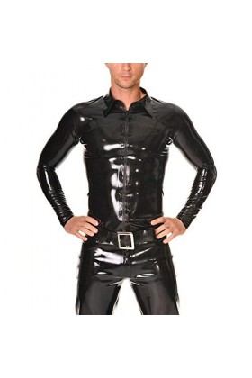 Chemise en Latex manches longues Latex ajusté Costumes Zip avant hommes vêtements en Latex en caoutchouc-Noir_XL