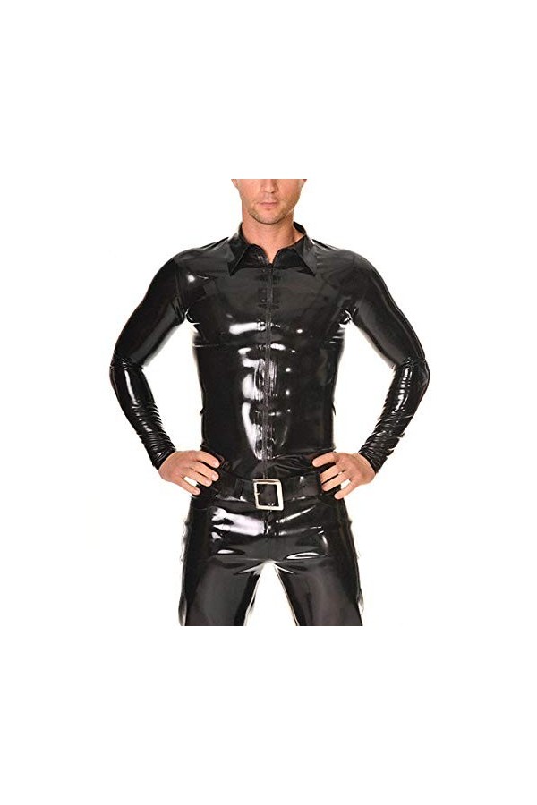 Chemise en Latex manches longues Latex ajusté Costumes Zip avant hommes vêtements en Latex en caoutchouc-Noir_XL