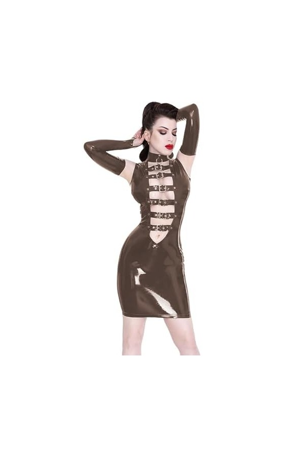 JQYTEN Sexy Latex PVC Wet Look Mini Dress with Fingerless Gloves Women PVC Sleeveless Belts Front Vestido Novelty Dancing Clu