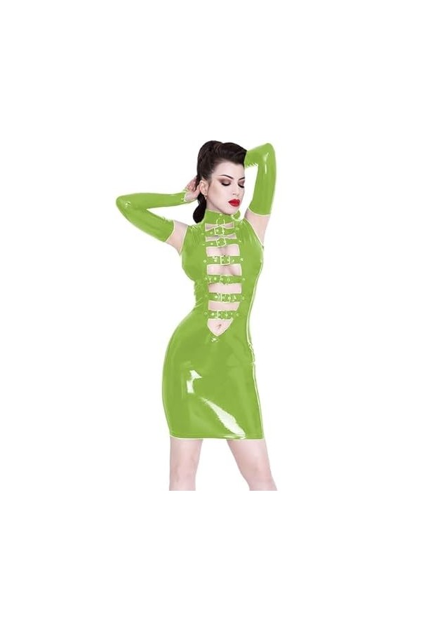 JQYTEN Sexy Latex PVC Wet Look Mini Dress with Fingerless Gloves Women PVC Sleeveless Belts Front Vestido Novelty Dancing Clu
