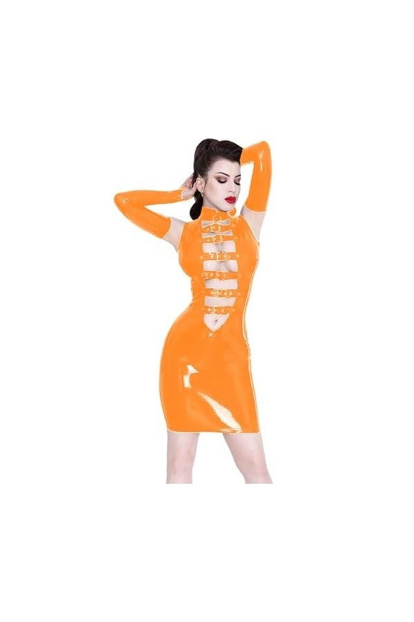 JQYTEN Sexy Latex PVC Wet Look Mini Dress with Fingerless Gloves Women PVC Sleeveless Belts Front Vestido Novelty Dancing Clu