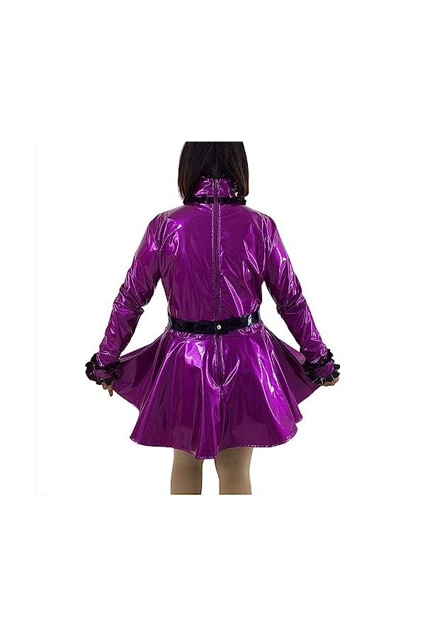 JQYTEN Sexy Sissy Shiny PVC French Maid Dress Ruffled Long Sleeve Glossy Leather Lolita Dress with Apron Cosplay Maid Uniform