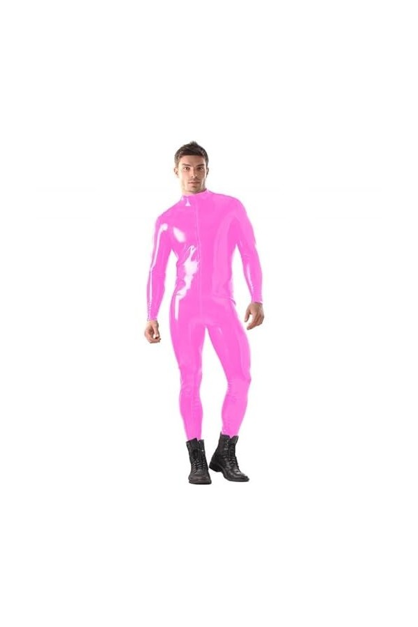 JQYTEN Grande Taille S-6XL Hommes Wetlook PVC Moulante Combinaison Fermeture éclair Avant Zentai à Manches Longues Cosplay Ca