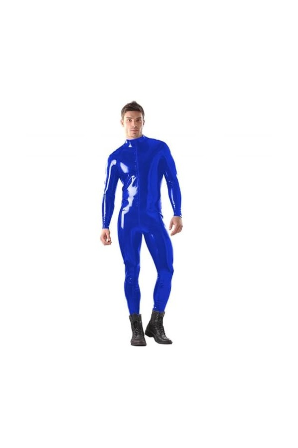 JQYTEN Grande Taille S-6XL Hommes Wetlook PVC Moulante Combinaison Fermeture éclair Avant Zentai à Manches Longues Cosplay Ca