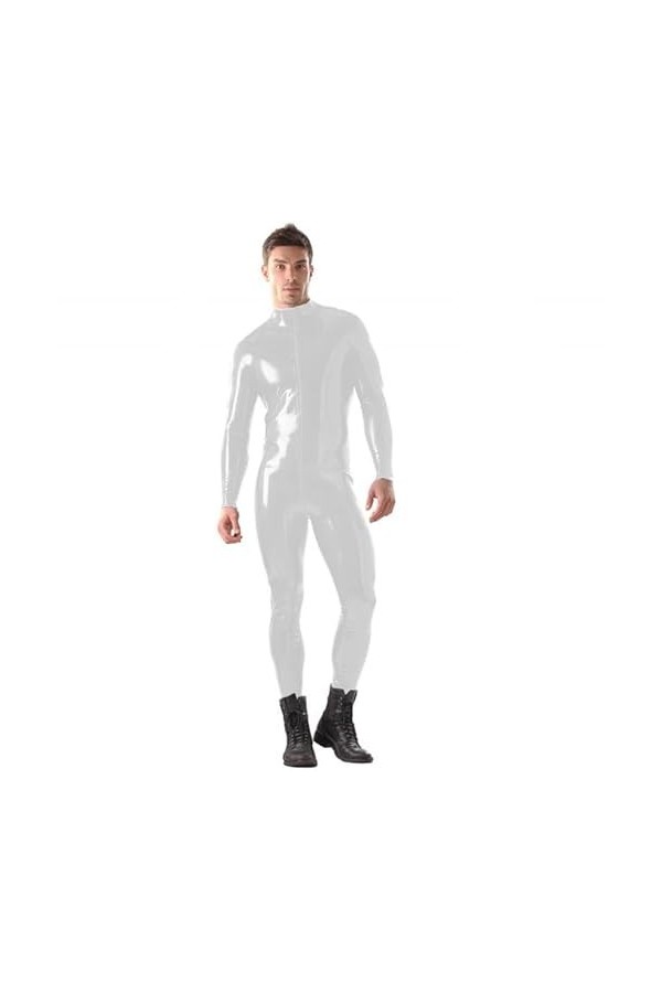 JQYTEN Grande Taille S-6XL Hommes Wetlook PVC Moulante Combinaison Fermeture éclair Avant Zentai à Manches Longues Cosplay Ca