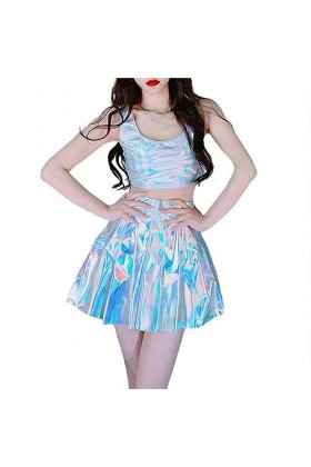 VETCS Ensemble en Cuir Verni Sexy pour Femmes Costumes de Performance Hip Hop Argentés Débardeur Court avec Jupe Courte Pliss