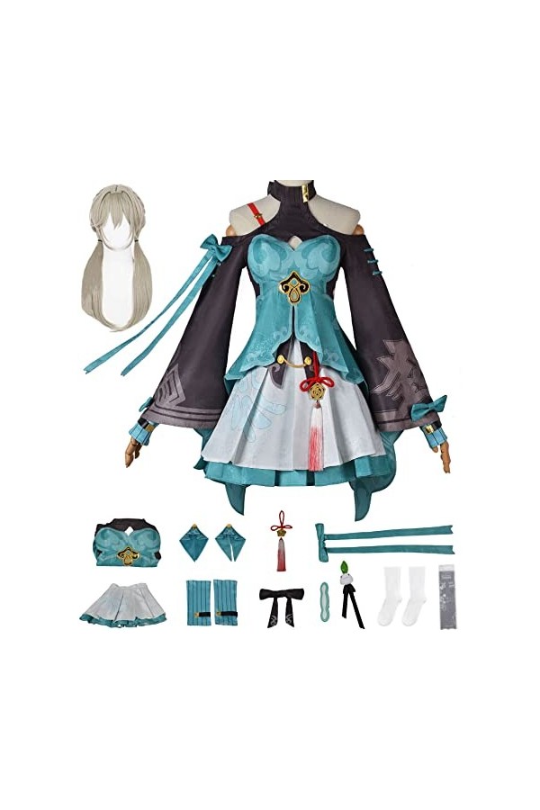 Foanja Qingque Déguisement Femme Cosplay Anime Honkai Star Rail Qingque Complets Jeux Uniformes et Accessoires Perruques pour