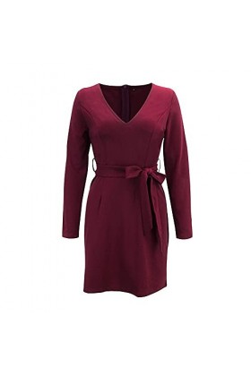 CHYSP Robes de Bureau de Couleur Unie pour Femmes à Manches Longues à Manches Longues pour Femmes Jupe Crayon à col en V Robe