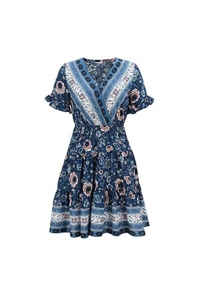 CHYSP Robes de Mode V-Col V imprimé Décontracté Bohemian Beach Jupes Robe Casual Sexy Jupes de Vacances Confortables Color :